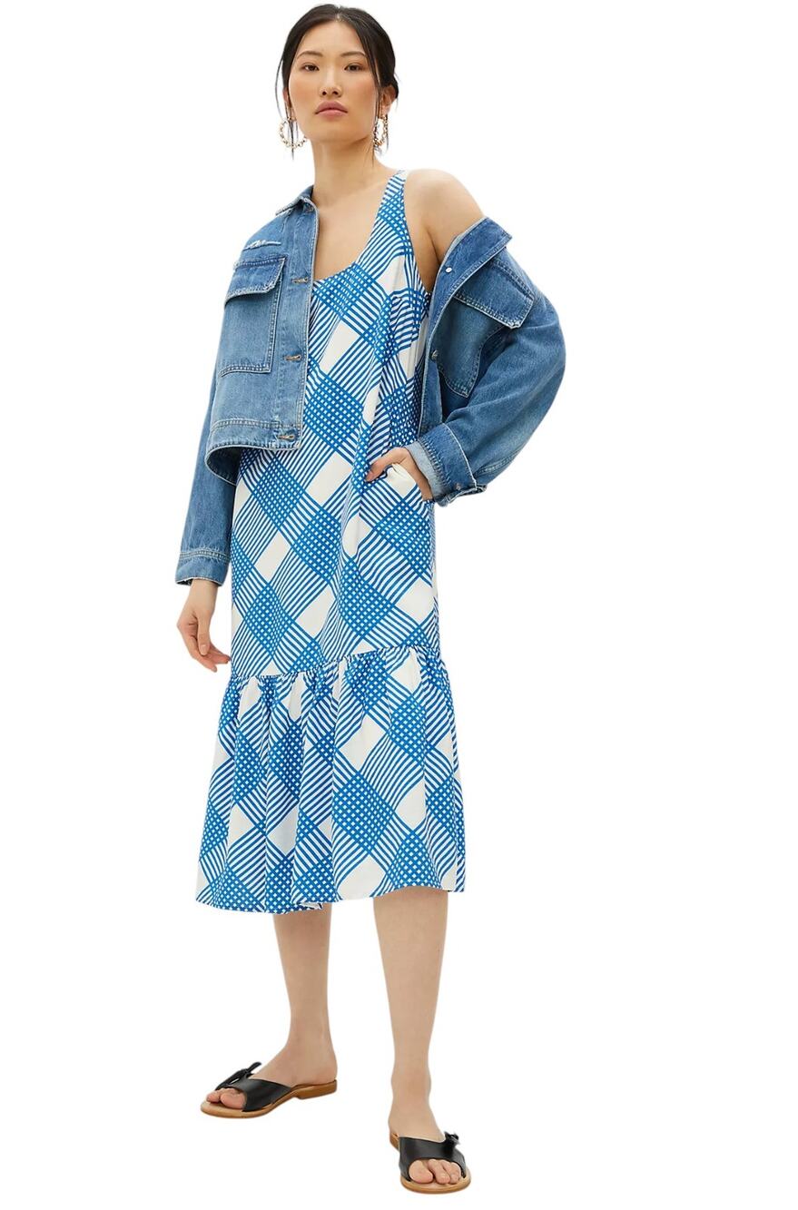 Anthropologie Blue Michaela White Plaid Flounced Midi Dress